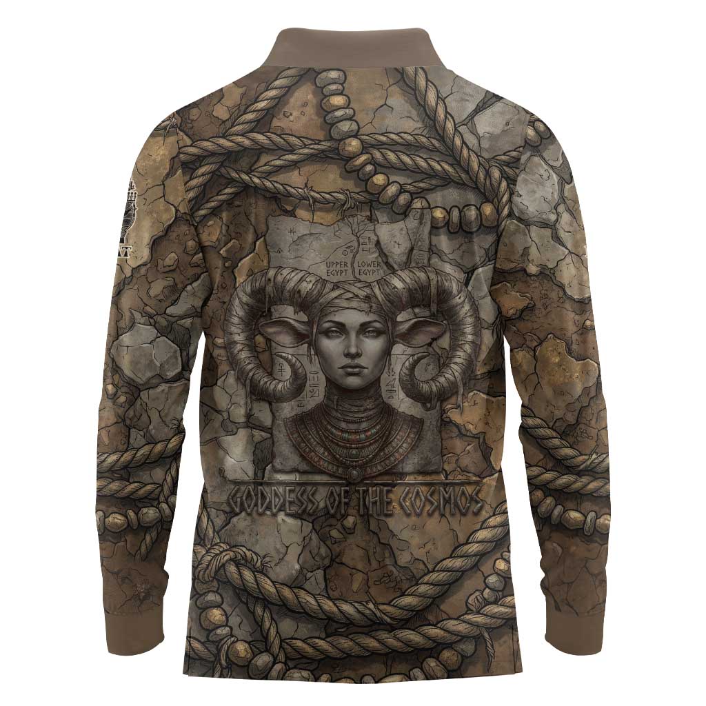 Bat Long Sleeve Polo Shirt Goddess of the Cosmos Ancient Egyptian Cow Horns Stone