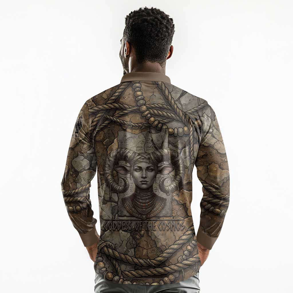 Bat Long Sleeve Polo Shirt Goddess of the Cosmos Ancient Egyptian Cow Horns Stone