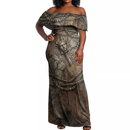 Bat Off Shoulder Maxi Dress Goddess of the Cosmos Ancient Egyptian Cow Horns Stone
