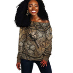 Bat Off Shoulder Sweater Goddess of the Cosmos Ancient Egyptian Cow Horns Stone