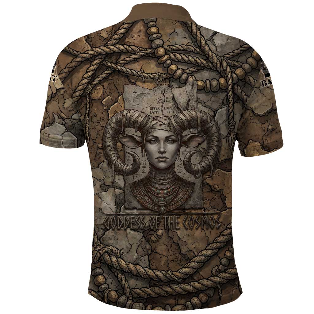 Bat Polo Shirt Goddess of the Cosmos Ancient Egyptian Cow Horns Stone