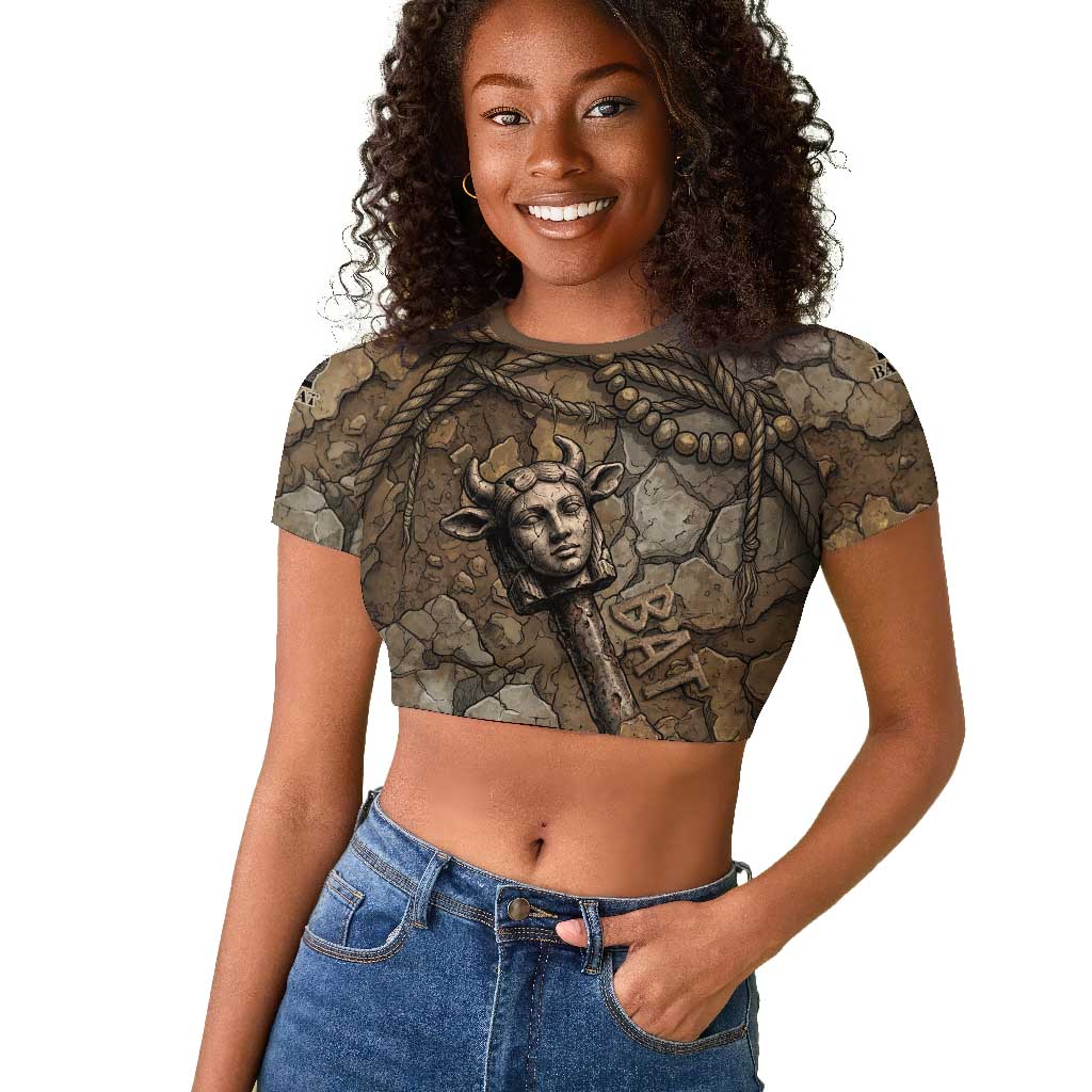 Bat Raglan Cropped T shirt Goddess of the Cosmos Ancient Egyptian Cow Horns Stone