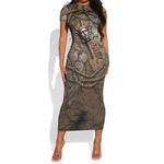 Bat Short Sleeve Bodycon Dress Goddess of the Cosmos Ancient Egyptian Cow Horns Stone