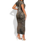 Bat Short Sleeve Bodycon Dress Goddess of the Cosmos Ancient Egyptian Cow Horns Stone