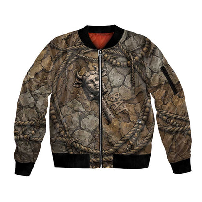 Bat Sleeve Zip Bomber Jacket Goddess of the Cosmos Ancient Egyptian Cow Horns Stone