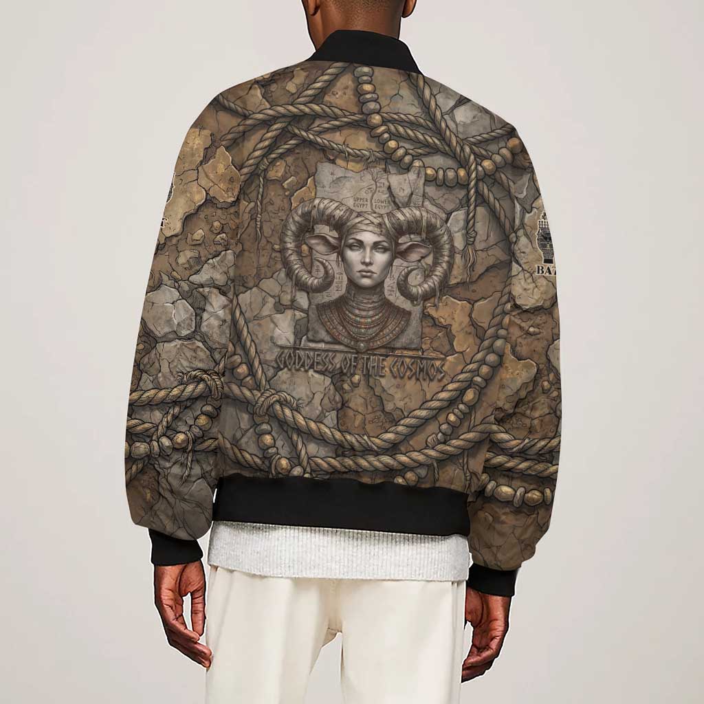 Bat Sleeve Zip Bomber Jacket Goddess of the Cosmos Ancient Egyptian Cow Horns Stone