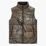 Bat Sleeveless Puffer Jacket Goddess of the Cosmos Ancient Egyptian Cow Horns Stone