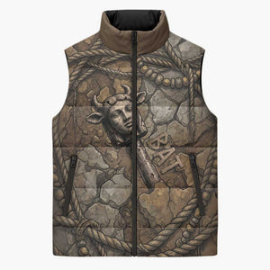 Bat Sleeveless Puffer Jacket Goddess of the Cosmos Ancient Egyptian Cow Horns Stone