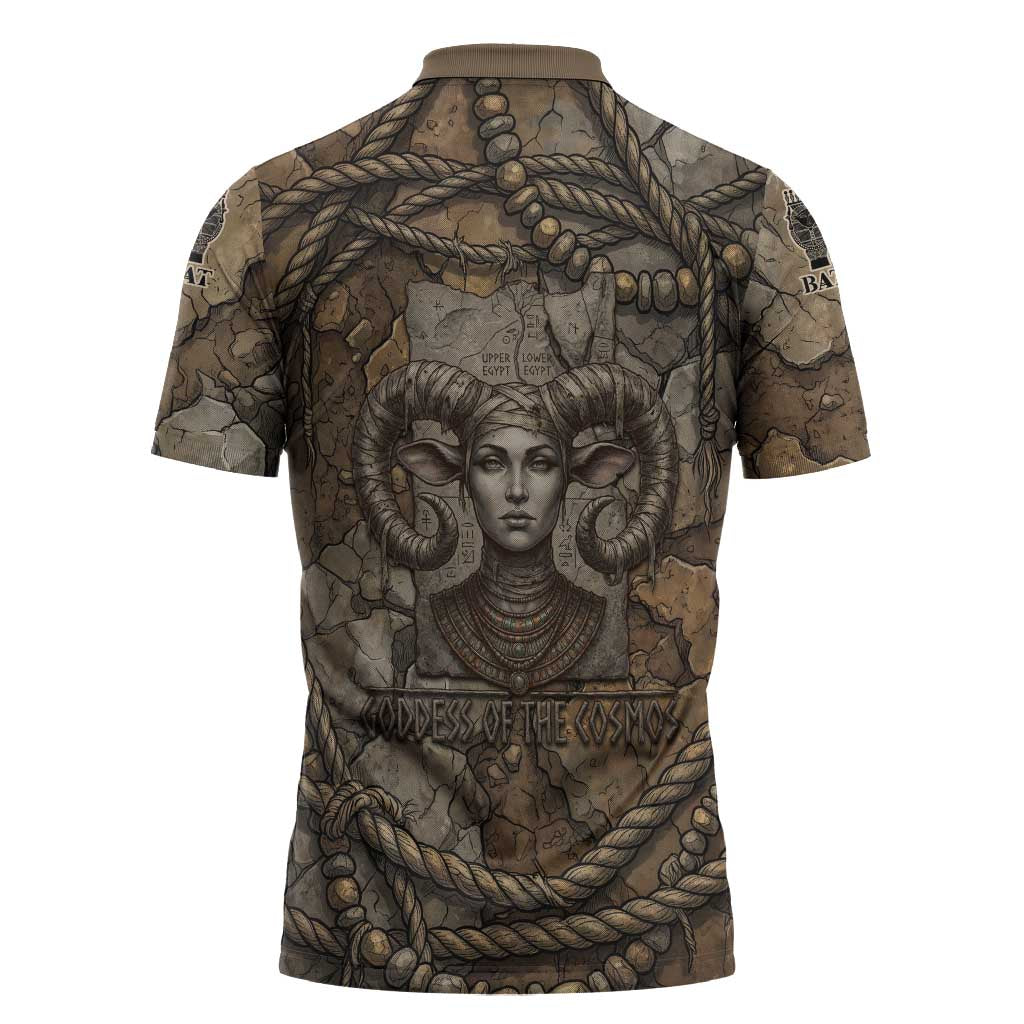 Bat Zipper Polo Shirt Goddess of the Cosmos Ancient Egyptian Cow Horns Stone