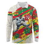 Personalized Ghana Football Long Sleeve Polo Shirt Soccer Player Kick - Floral Hibiscus
