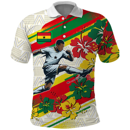 Personalized Ghana Football Polo Shirt Soccer Player Kick - Floral Hibiscus