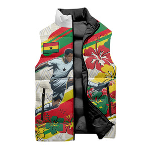 Personalized Ghana Football Sleeveless Puffer Jacket Soccer Player Kick - Floral Hibiscus