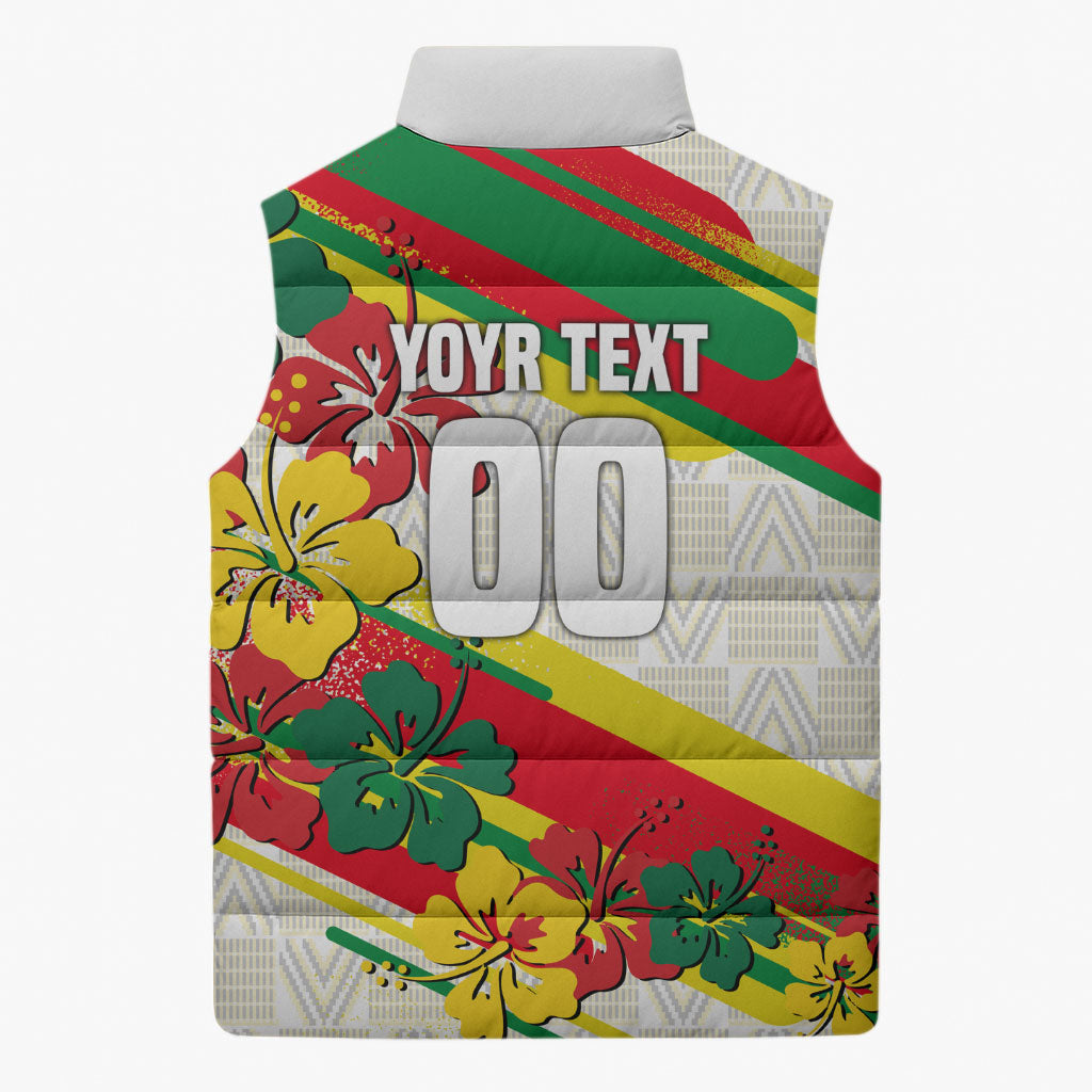 Personalized Ghana Football Sleeveless Puffer Jacket Soccer Player Kick - Floral Hibiscus