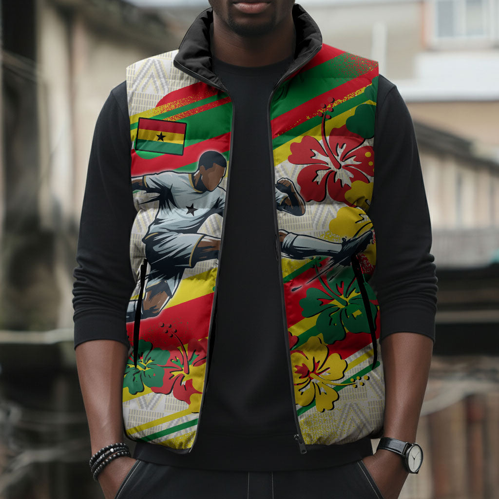 Personalized Ghana Football Sleeveless Puffer Jacket Soccer Player Kick - Floral Hibiscus