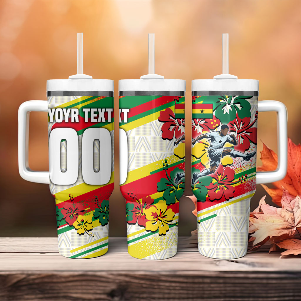 Personalized Ghana Football Tumbler With Handle Soccer Player Kick - Floral Hibiscus