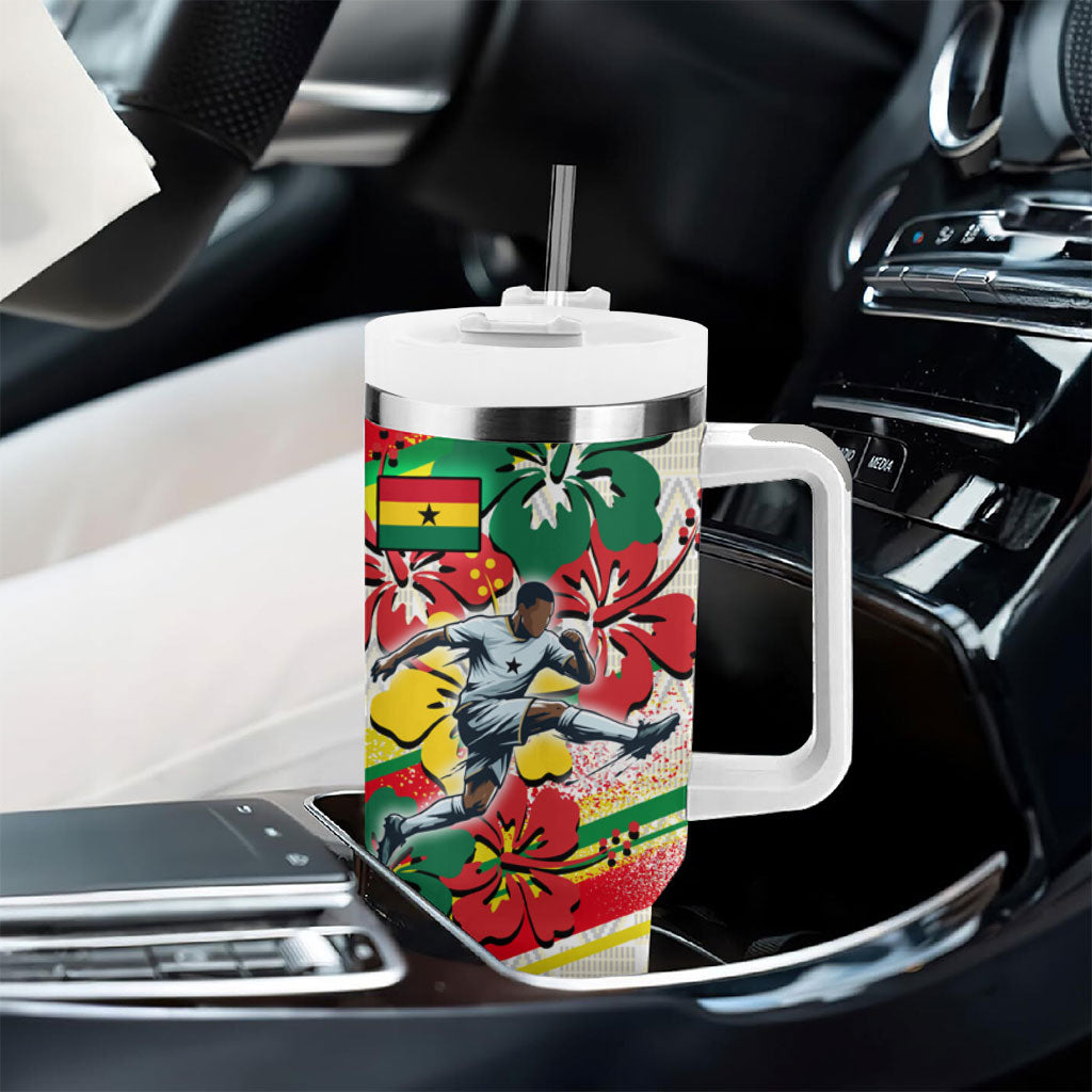 Personalized Ghana Football Tumbler With Handle Soccer Player Kick - Floral Hibiscus