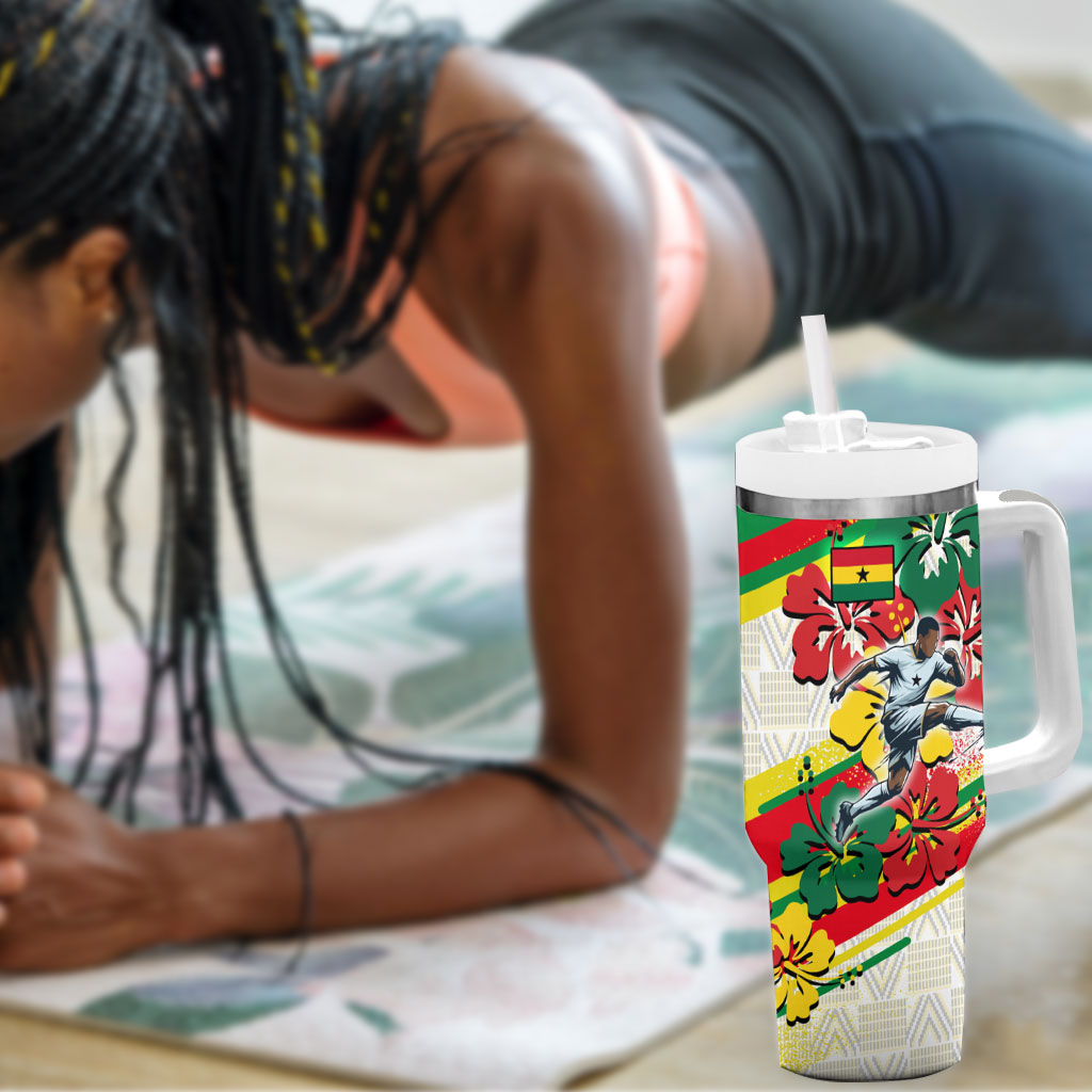 Personalized Ghana Football Tumbler With Handle Soccer Player Kick - Floral Hibiscus