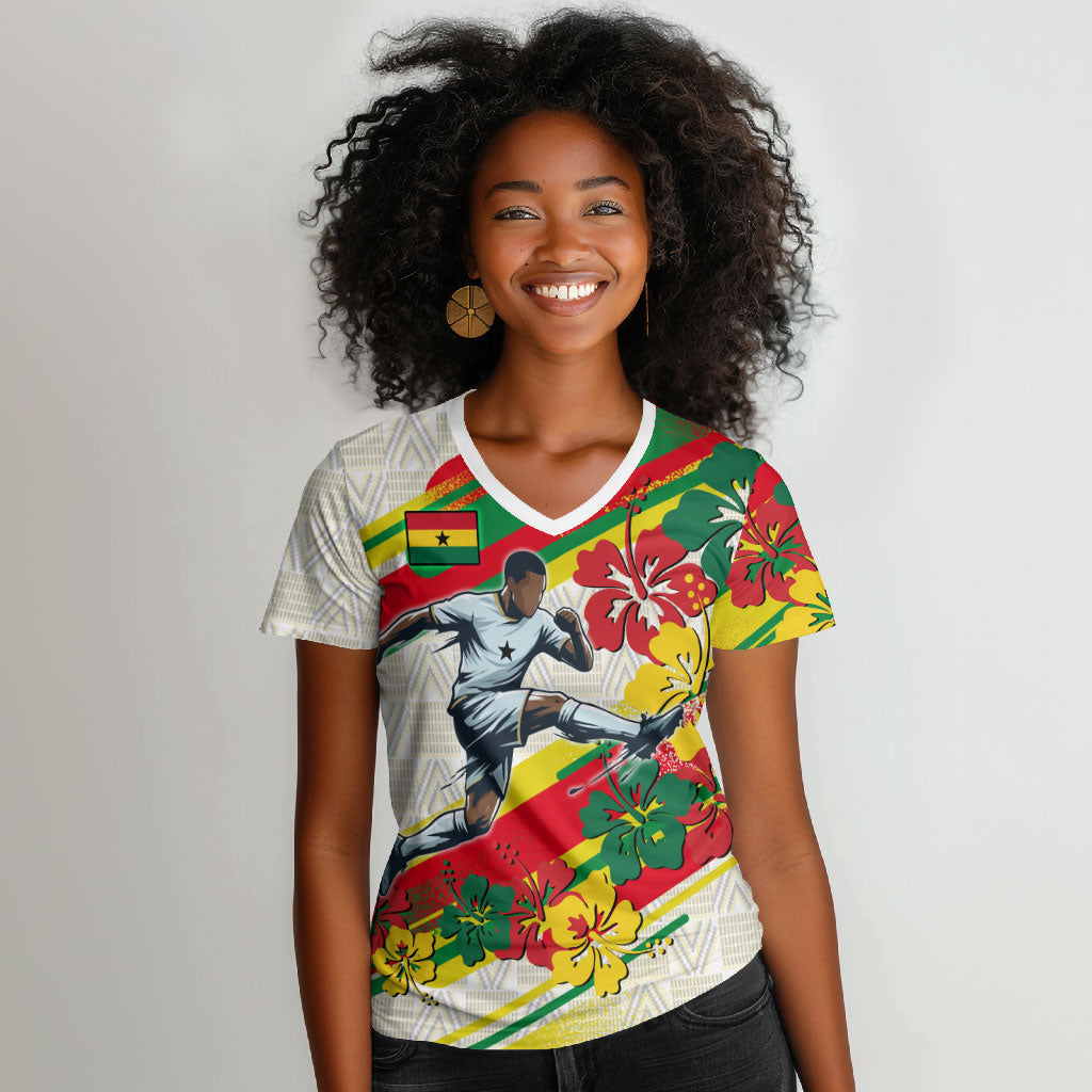 Personalized Ghana Football Women V-Neck T-Shirt Soccer Player Kick - Floral Hibiscus