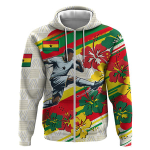 Personalized Ghana Football Zip Hoodie Soccer Player Kick - Floral Hibiscus