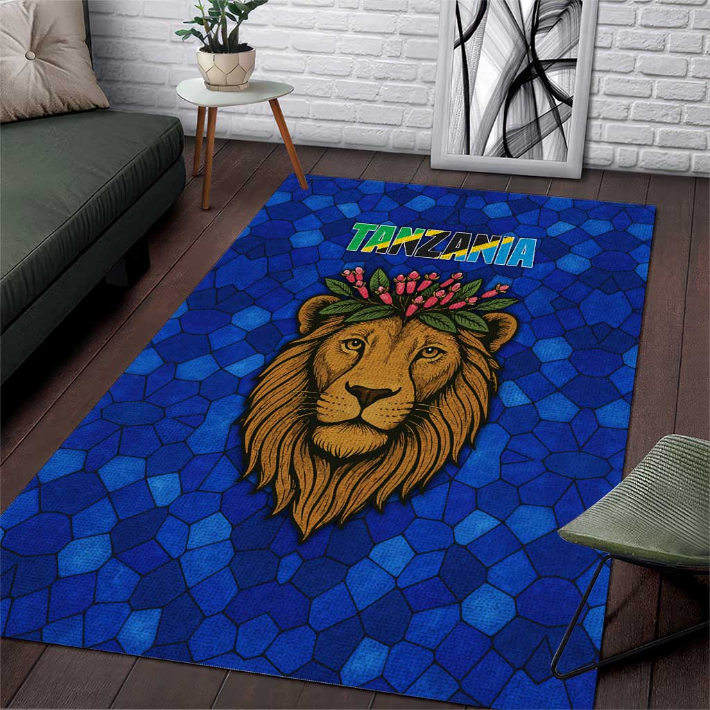 Tanzania Simba Lion Area Rug - Floral Crown and Blue Mosaic Design