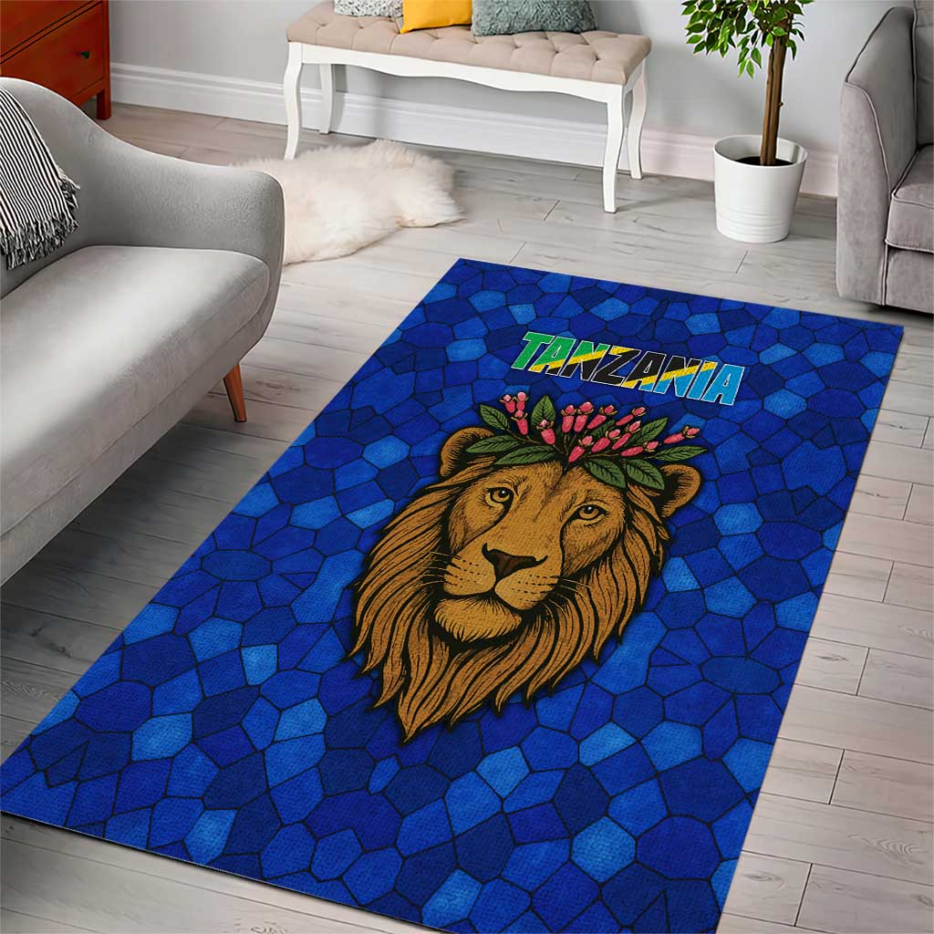 Tanzania Simba Lion Area Rug - Floral Crown and Blue Mosaic Design