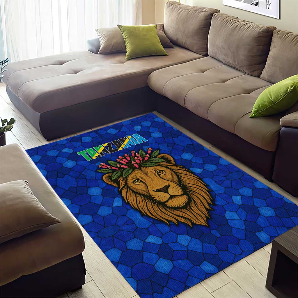 Tanzania Simba Lion Area Rug - Floral Crown and Blue Mosaic Design