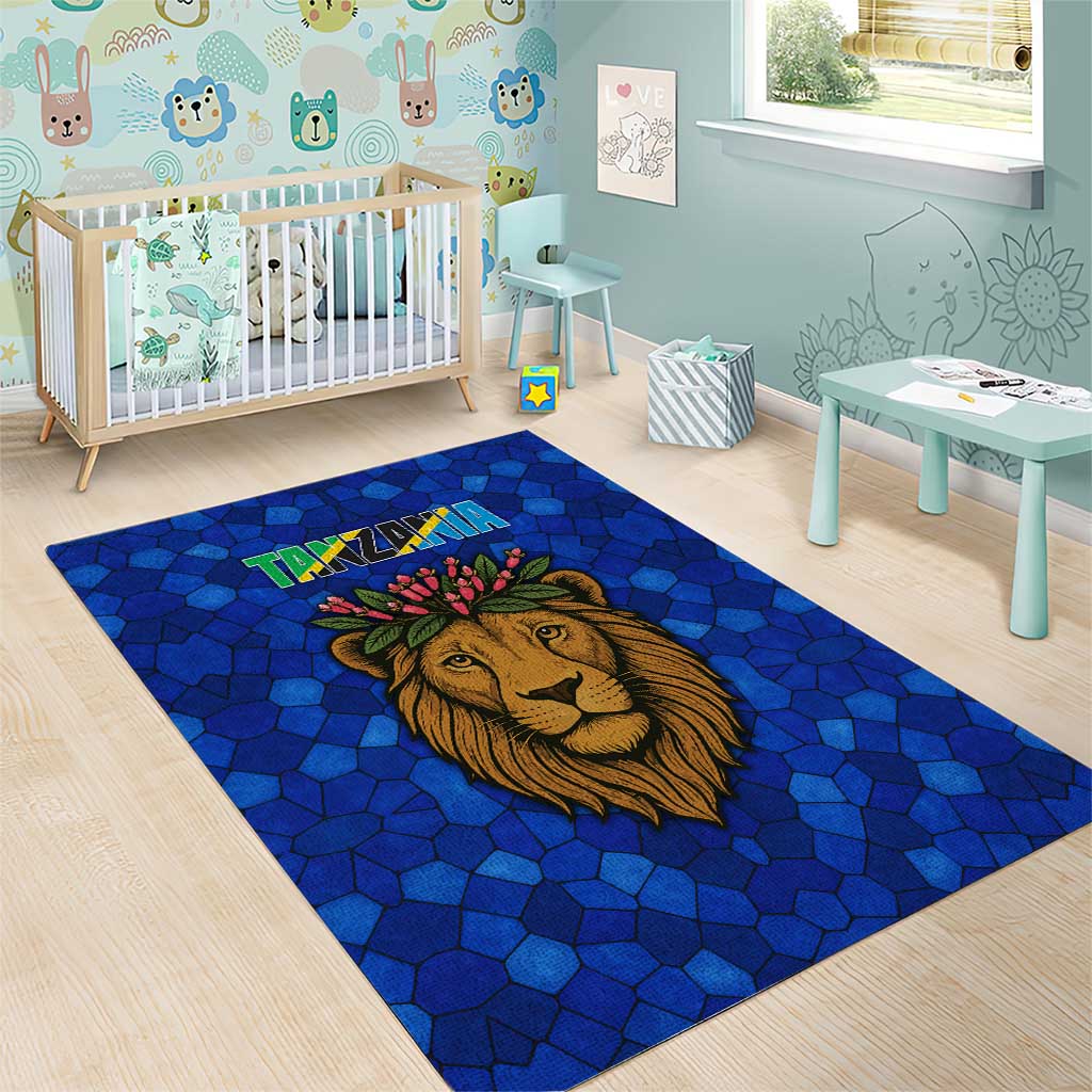 Tanzania Simba Lion Area Rug - Floral Crown and Blue Mosaic Design