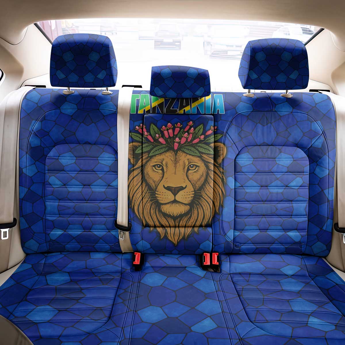 Tanzania Simba Lion Back Car Seat Cover - Floral Crown and Blue Mosaic Design