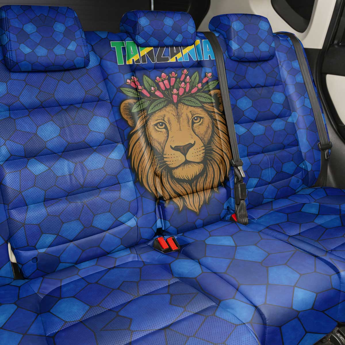 Tanzania Simba Lion Back Car Seat Cover - Floral Crown and Blue Mosaic Design
