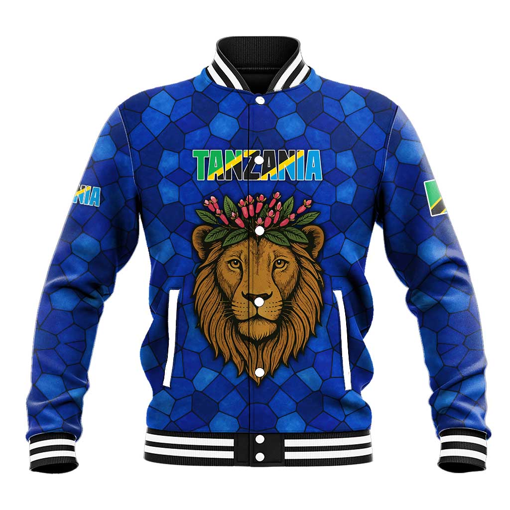 Tanzania Simba Lion Baseball Jacket - Floral Crown and Blue Mosaic Design
