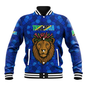 Tanzania Simba Lion Baseball Jacket - Floral Crown and Blue Mosaic Design
