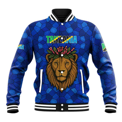Tanzania Simba Lion Baseball Jacket - Floral Crown and Blue Mosaic Design
