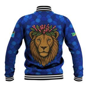 Tanzania Simba Lion Baseball Jacket - Floral Crown and Blue Mosaic Design