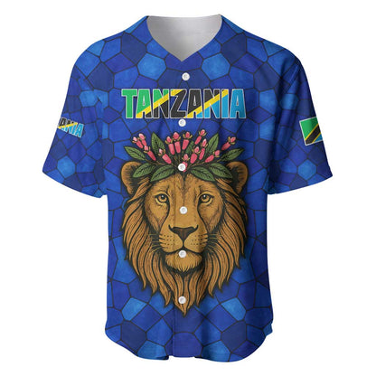 Tanzania Simba Lion Baseball Jersey - Floral Crown and Blue Mosaic Design