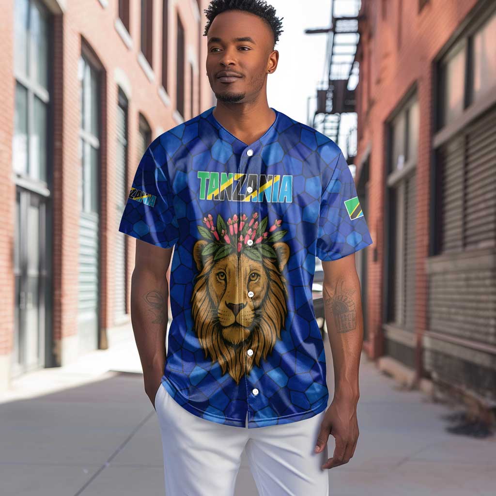 Tanzania Simba Lion Baseball Jersey - Floral Crown and Blue Mosaic Design