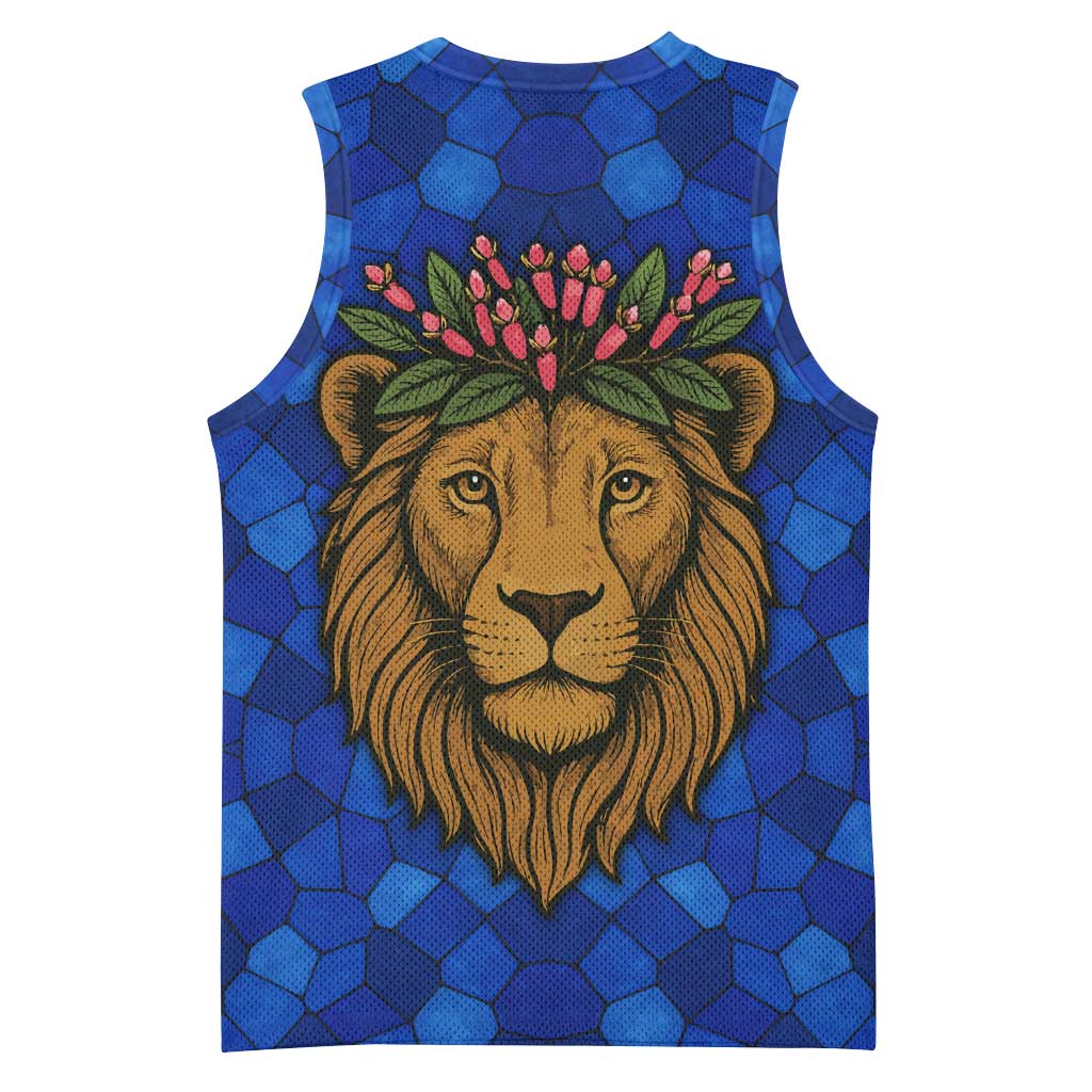 Tanzania Simba Lion Basketball Jersey - Floral Crown and Blue Mosaic Design - African Pride