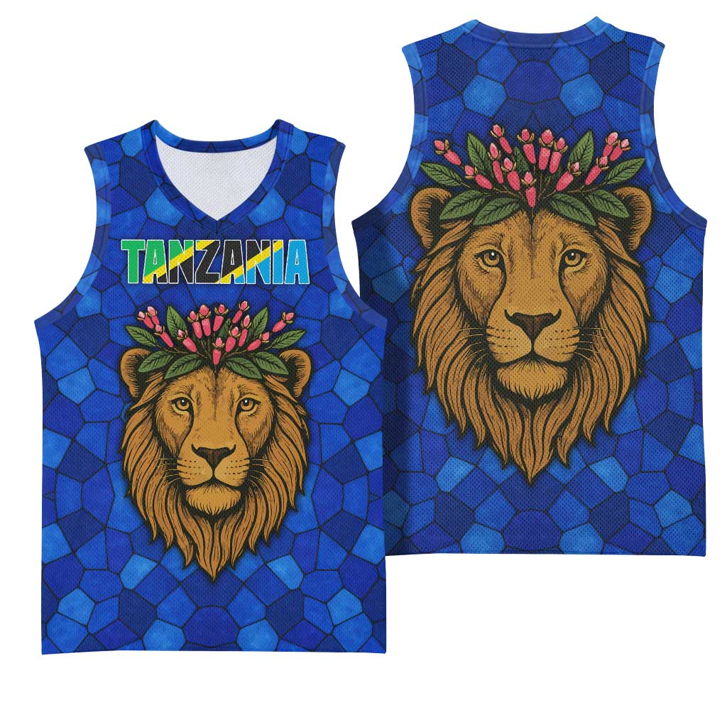 Tanzania Simba Lion Basketball Jersey - Floral Crown and Blue Mosaic Design - African Pride