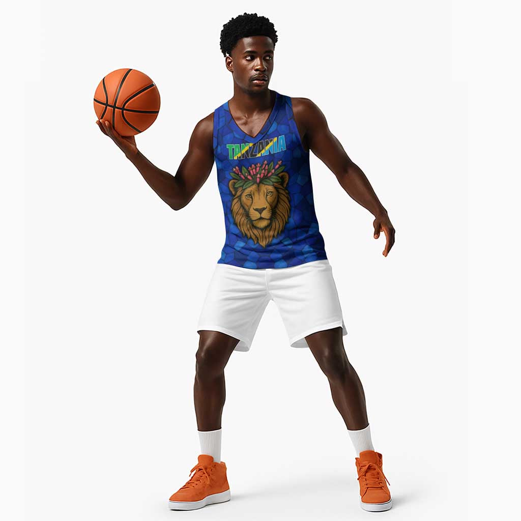 Tanzania Simba Lion Basketball Jersey - Floral Crown and Blue Mosaic Design - African Pride