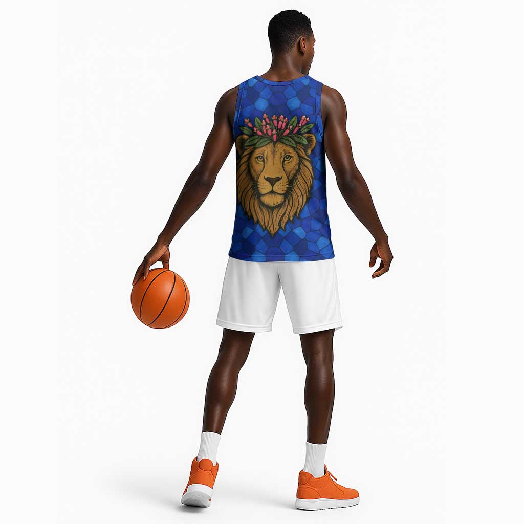 Tanzania Simba Lion Basketball Jersey - Floral Crown and Blue Mosaic Design - African Pride