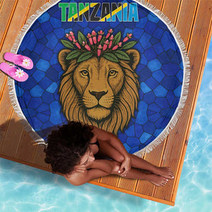 Tanzania Simba Lion Beach Blanket - Floral Crown and Blue Mosaic Design