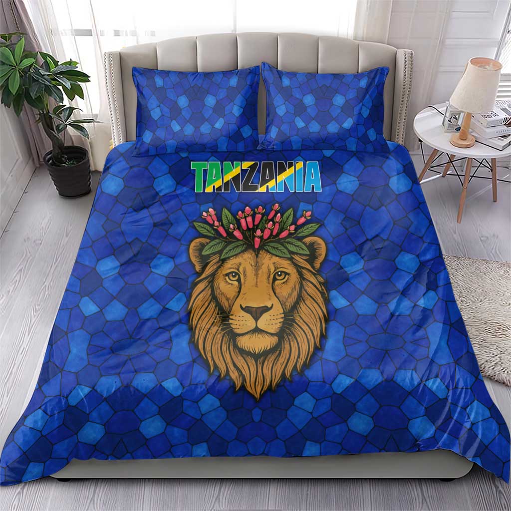Tanzania Simba Lion Bedding Set - Floral Crown and Blue Mosaic Design