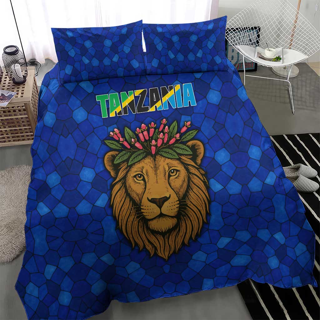 Tanzania Simba Lion Bedding Set - Floral Crown and Blue Mosaic Design