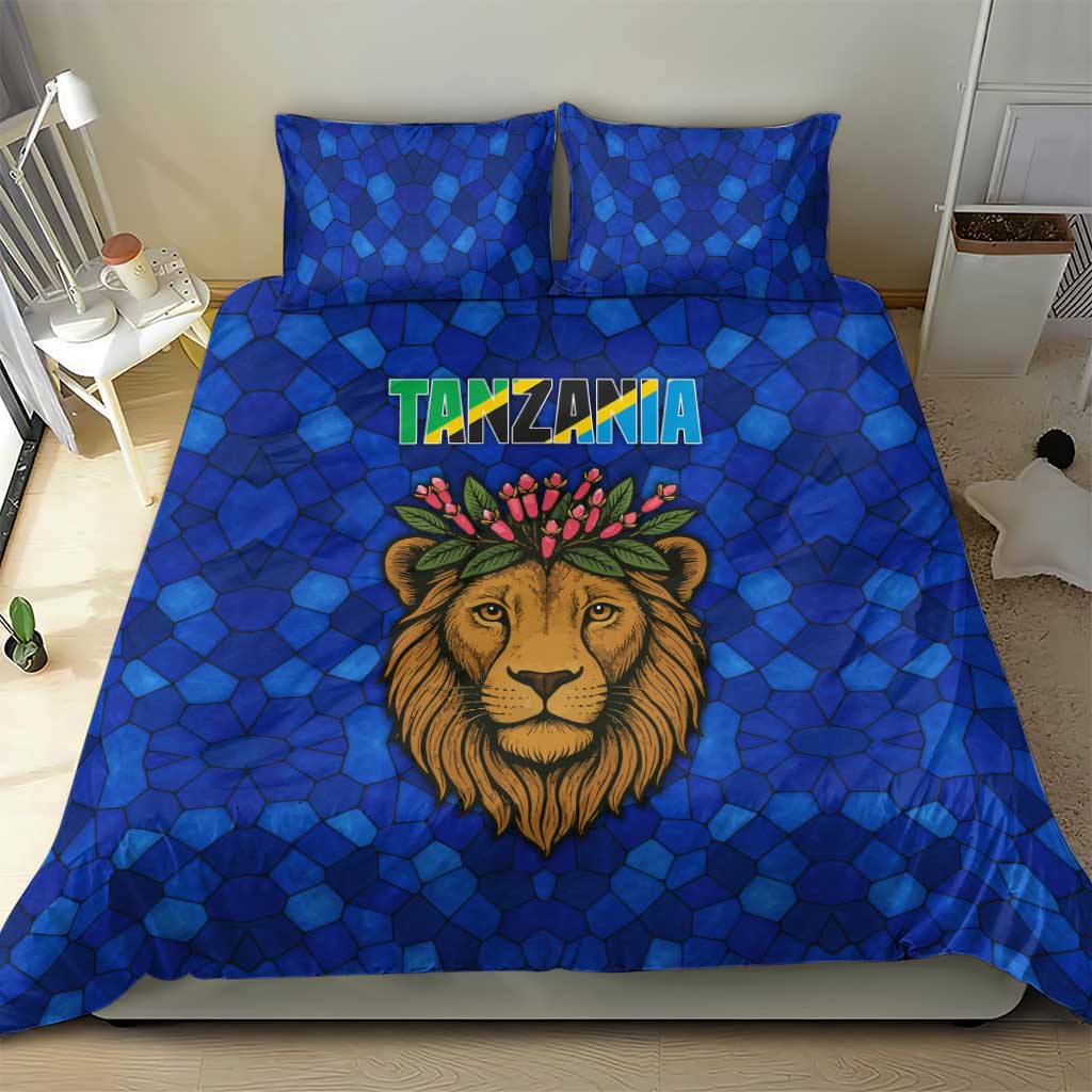Tanzania Simba Lion Bedding Set - Floral Crown and Blue Mosaic Design