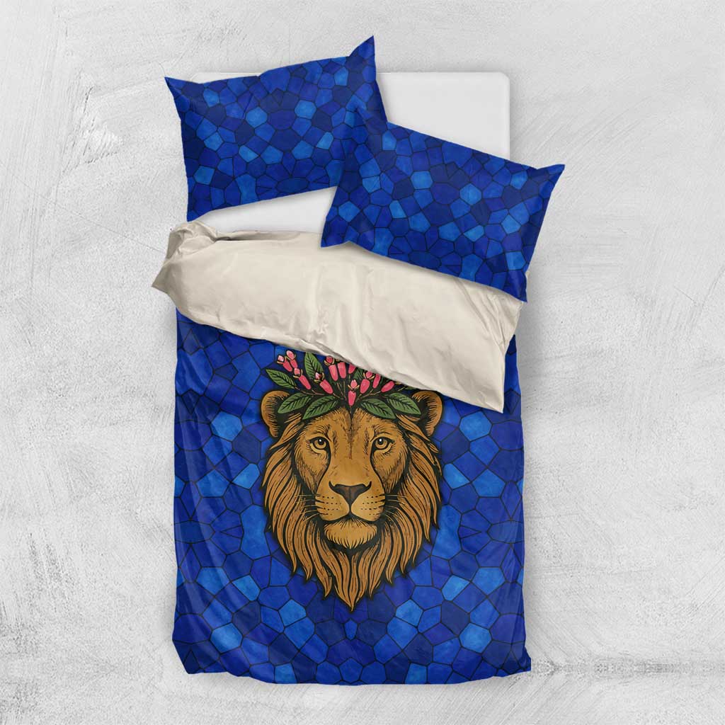 Tanzania Simba Lion Bedding Set - Floral Crown and Blue Mosaic Design