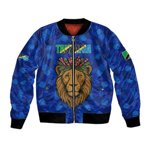 Tanzania Simba Lion Bomber Jacket - Floral Crown and Blue Mosaic Design