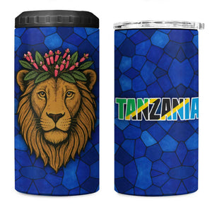 Tanzania Simba Lion 4 in 1 Can Cooler Tumbler - Floral Crown and Blue Mosaic Design