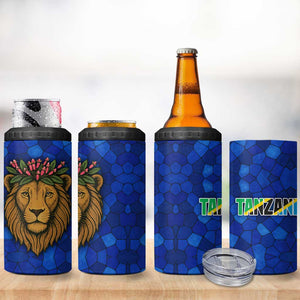 Tanzania Simba Lion 4 in 1 Can Cooler Tumbler - Floral Crown and Blue Mosaic Design