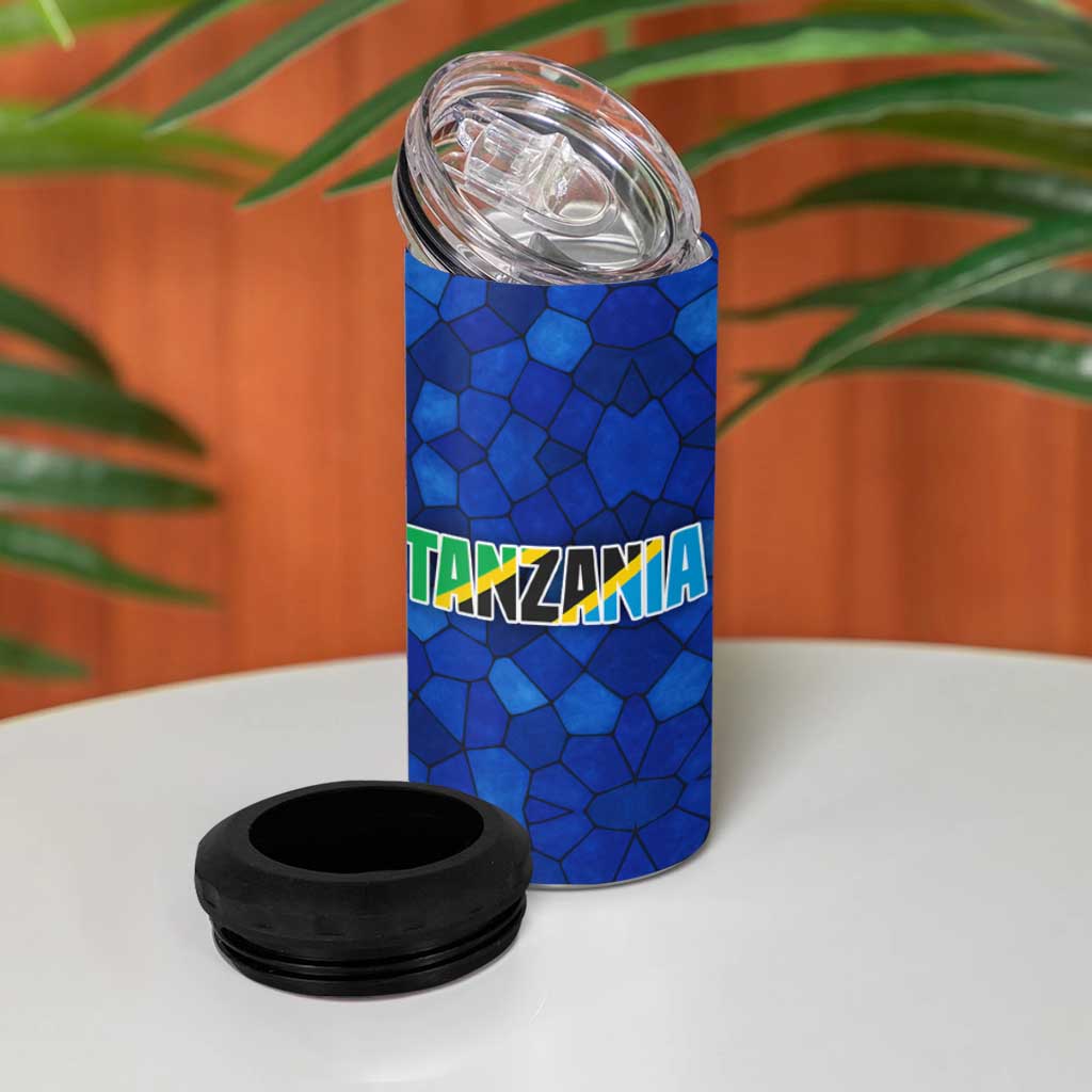 Tanzania Simba Lion 4 in 1 Can Cooler Tumbler - Floral Crown and Blue Mosaic Design