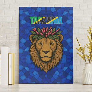 Tanzania Simba Lion Canvas Wall Art - Floral Crown and Blue Mosaic Design
