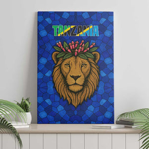 Tanzania Simba Lion Canvas Wall Art - Floral Crown and Blue Mosaic Design